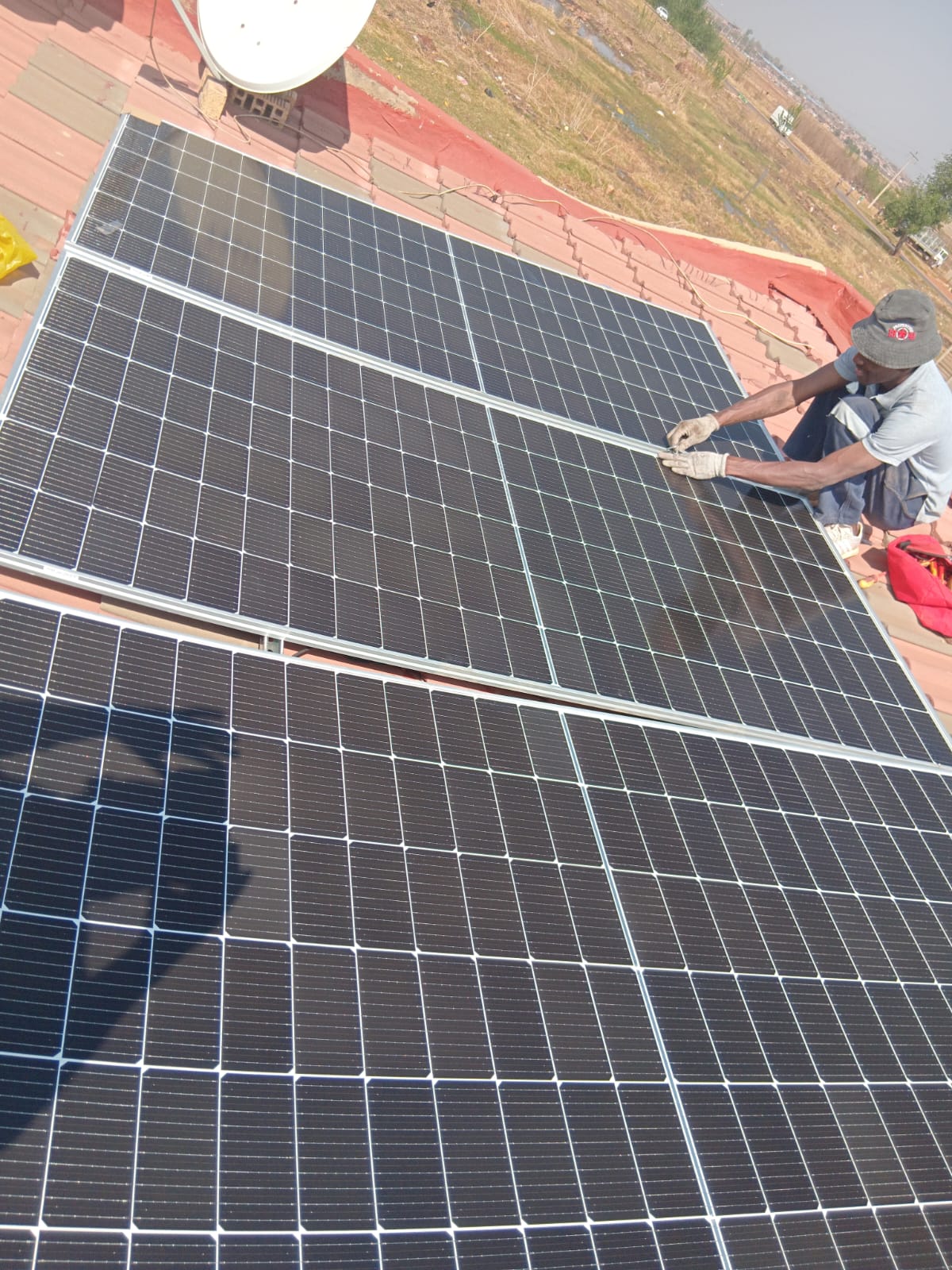High-angle solar panel installation view